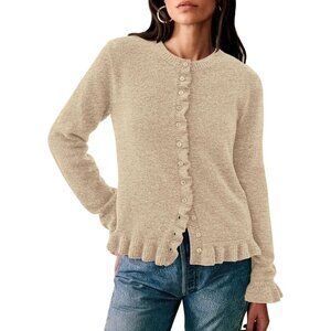Women’s Chunky Knit Button Down Ruffle Cropped Cardigan Sweater Long Sleeve